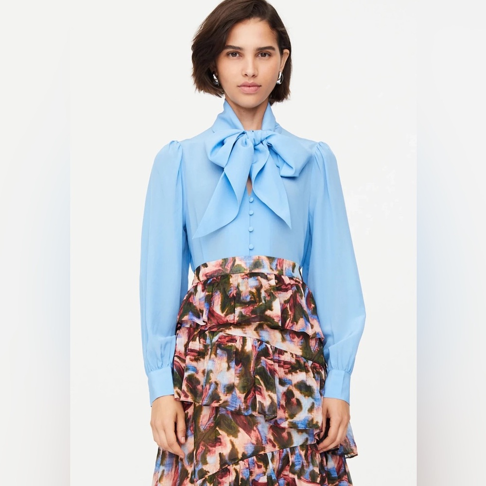 Marie Oliver Felix Blouse Small NWT Elegant Blue Women's Top with Bow Detail